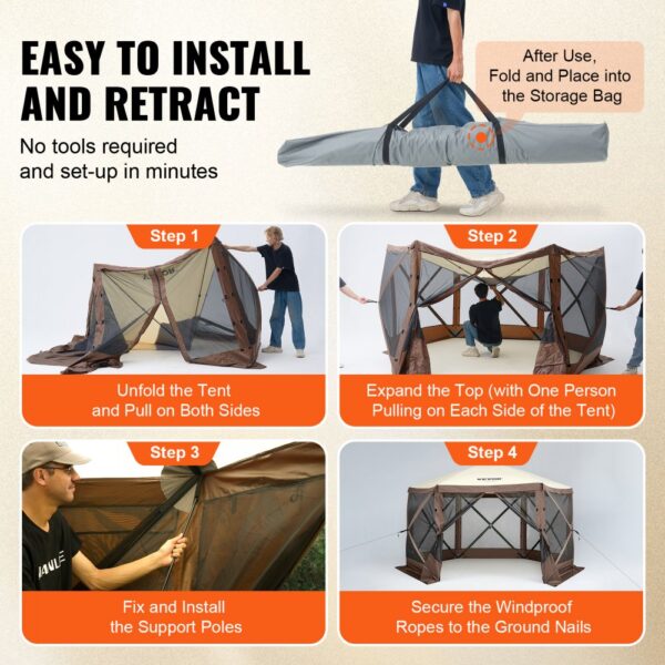 VEVOR pop up gazebo tent setup guide with four steps: unfold, expand, install poles, and secure ropes.