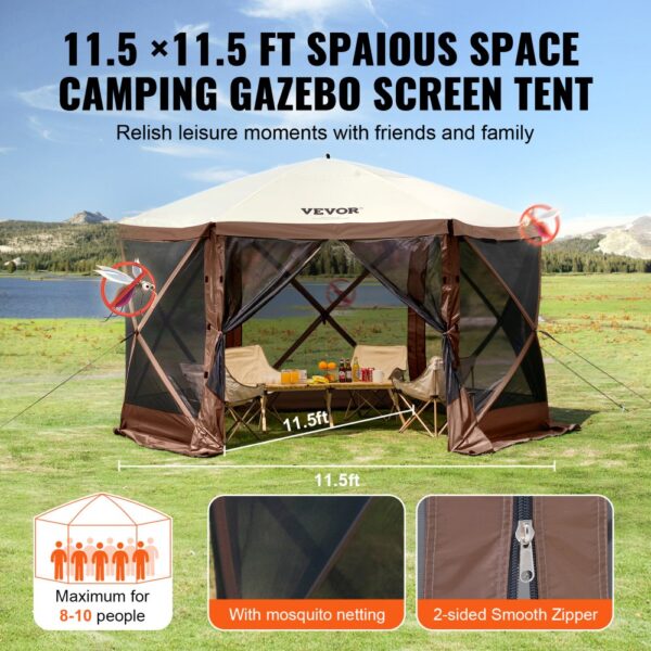 VEVOR pop up gazebo tent in a scenic outdoor setting with mosquito netting and a spacious interior.