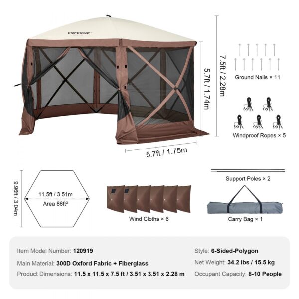 VEVOR pop up gazebo tent with supports, windproof ropes, ground nails, and carry bag. 86sqft area.