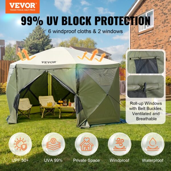 VEVOR pop up gazebo tent with uv block protection, windproof cloths, roll-up windows, and waterproof design.