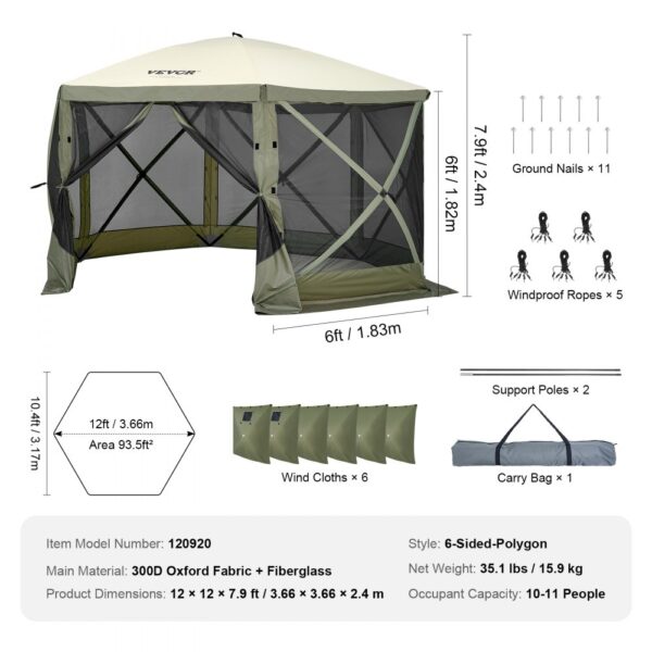 VEVOR pop up gazebo tent 6-sided polygon, 300d oxford fabric, windproof ropes, carry bag included.