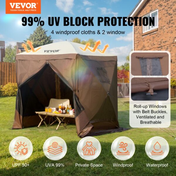 VEVOR pop-up gazebo tent offering 99% uv block protection, windproof and waterproof features, in backyard.