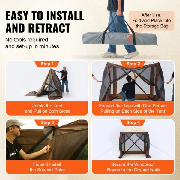 easy installation guide for the VEVOR pop-up gazebo tent, no tools required, setup in minutes.