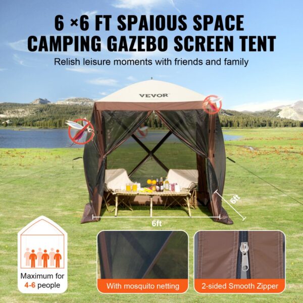 VEVOR pop-up gazebo tent with mosquito netting, seating, and beverages in a scenic lakeside area.