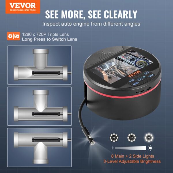 VEVOR Borescope Triple Lens Endoscope Camera with 4.3" IPS Screen 8 + 2 Lights