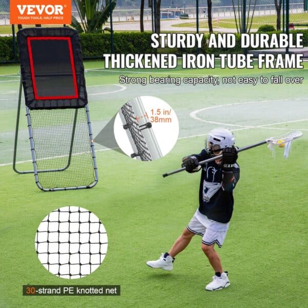 VEVOR lacrosse rebounder with thickened iron tube frame, strong net, and player practicing on a field.