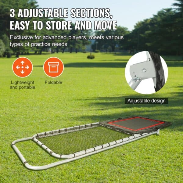 VEVOR lacrosse rebounder with adjustable sections, lightweight, foldable design on a grassy field.