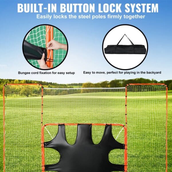 VEVOR lacrosse goal with built-in button lock system, easy setup, and portability for backyard practice.