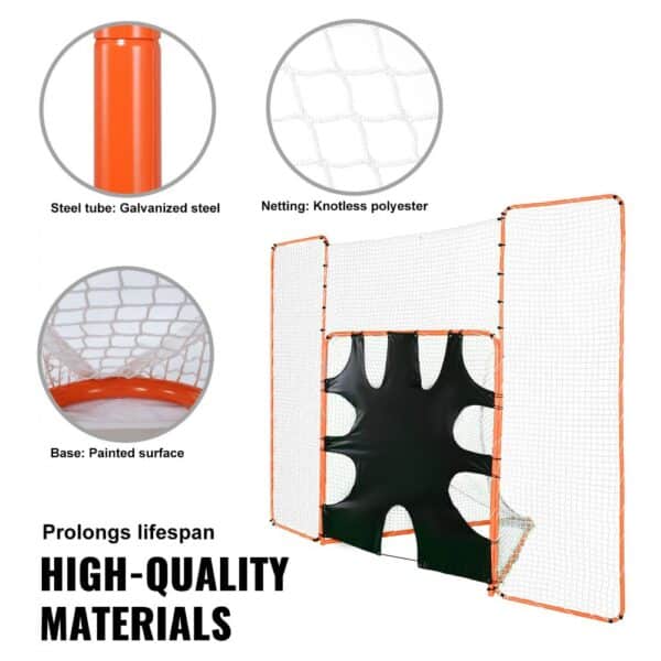 VEVOR lacrosse goal with galvanized steel tube, knotless polyester netting, and painted surface base.