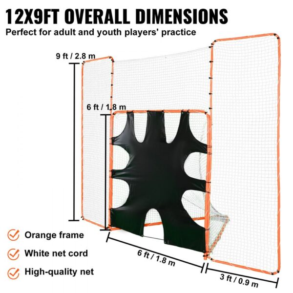 VEVOR lacrosse goal with orange frame, white net cord, black target, and 12x9ft overall dimensions.