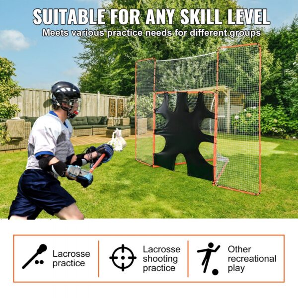 VEVOR lacrosse goal setup in a backyard with a player practicing on a sunny day, suitable for all skill levels.