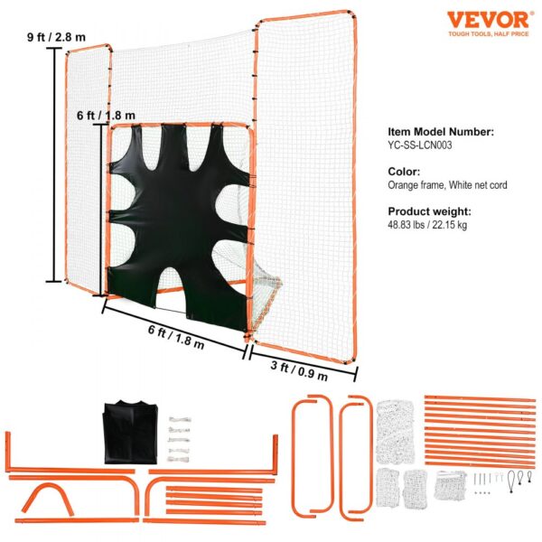 VEVOR lacrosse goal with orange frame and white net, dimensions 9x6x3 ft, weight 48.83 lbs.