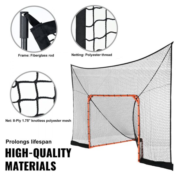 VEVOR lacrosse goal backstop with fiberglass rod frame and 8-ply 1.75" knotless polyester mesh netting.