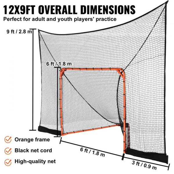 VEVOR lacrosse goal backstop with a 12x9ft black net and orange frame, perfect for practice sessions.