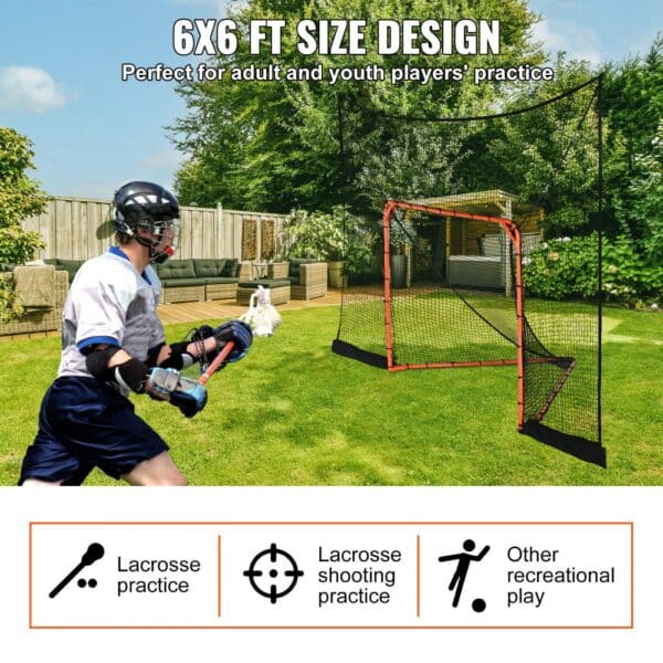 lacrosse player practicing with VEVOR lacrosse goal backstop in a backyard, perfect for all players.