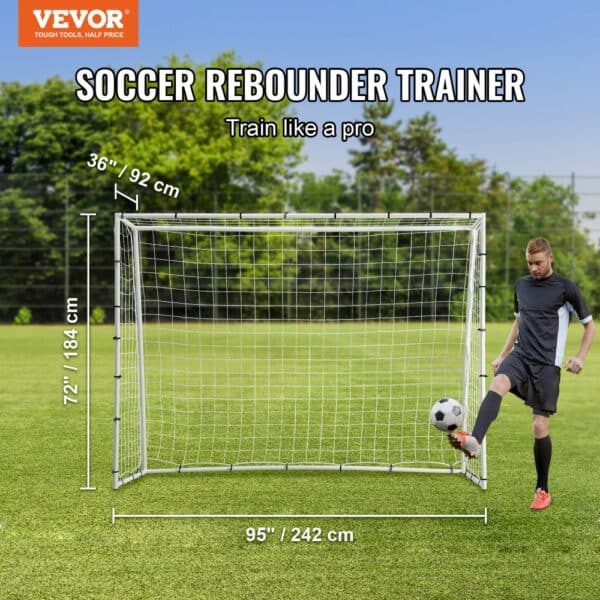 VEVOR soccer rebound trainer on grass field with player kicking a ball. dimensions: 36"x 72"x 95".