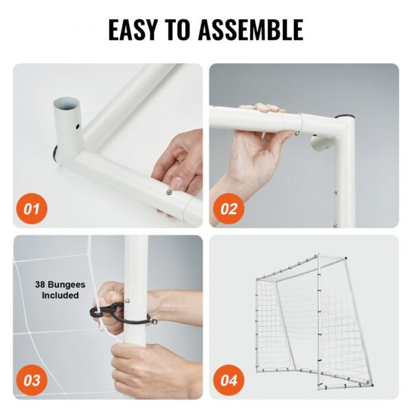 four-step assembly process for the VEVOR soccer rebound trainer with 38 bungees included.