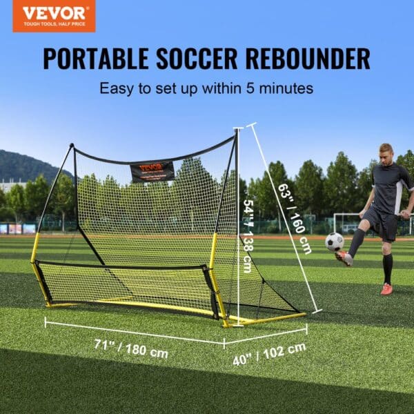 VEVOR soccer rebounder on a grassy field with measurements, easy to set up in 5 minutes.