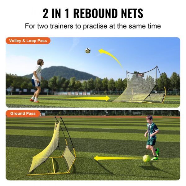 2-in-1 VEVOR soccer rebounder with net for volley, loop, and ground pass on a green field.