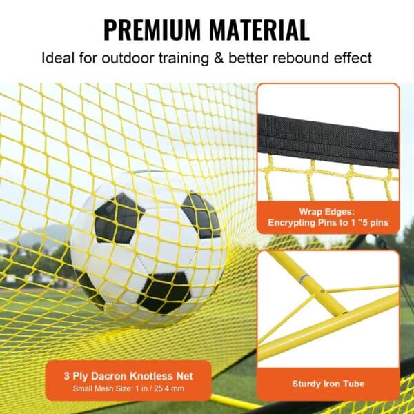 VEVOR soccer rebounder with dacron knotless net, sturdy iron tube, and wrap edges for outdoor training.