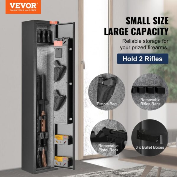 VEVOR gun safe with storage for 3-4 rifles, pistols bag, removable racks, and bullet boxes.