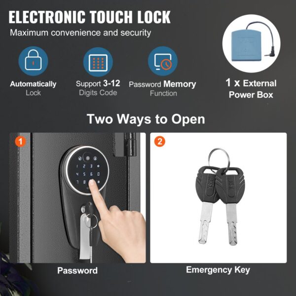 VEVOR gun safe with electronic touch lock, password memory, emergency key, and external power box.