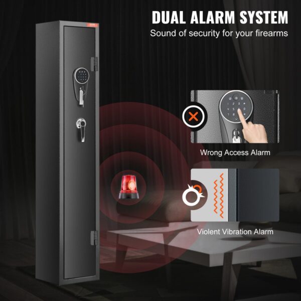 VEVOR gun safe with dual alarm system, wrong access alarm, violent vibration alarm, and silent mode.