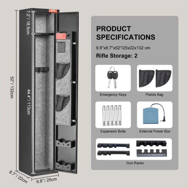 VEVOR gun safe with dimensions, rifle storage for 3-4, emergency keys, pistols bag, bolts, power box, and racks.