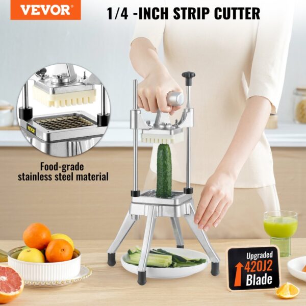 VEVOR commercial vegetable chopper with food-grade stainless steel, cutting a cucumber into strips.