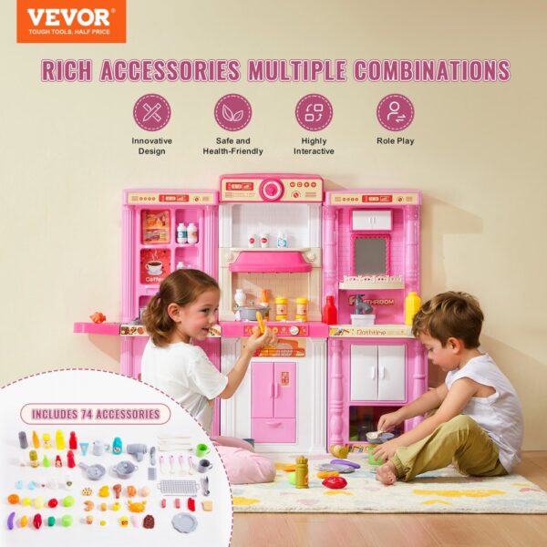 VEVOR Kitchen Playset Kids Pretend Cooking Play Toy 74 Piece Accessories Pink