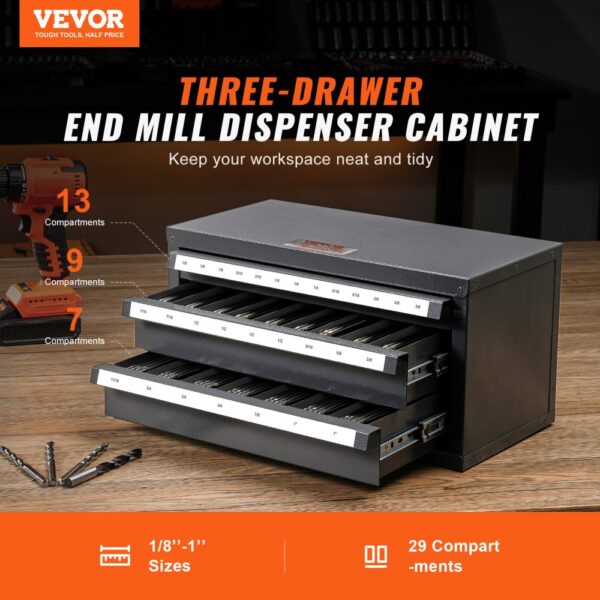 VEVOR end mill dispenser cabinet with three drawers, 29 compartments, sizes 1/8" to 1".