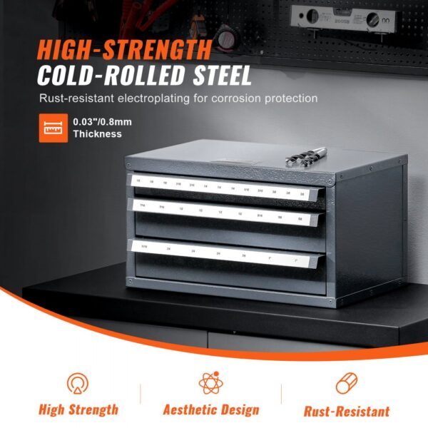VEVOR end mill dispenser cabinet in high-strength cold-rolled steel, rust-resistant, 3 drawers, on a workbench.