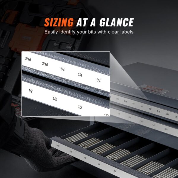 VEVOR end mill dispenser cabinet with labeled drawers showing different end mill sizes for easy identification.