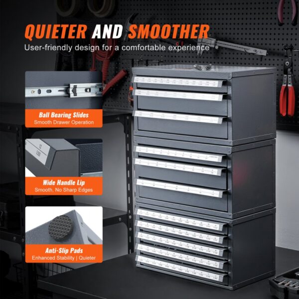 VEVOR end mill dispenser cabinet with ball bearing slides, wide handle lip, and anti-slip pads in a workshop.