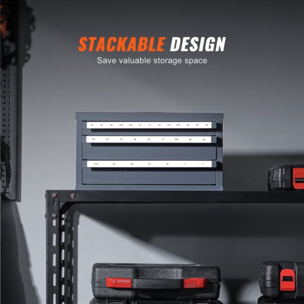 stackable VEVOR end mill dispenser cabinet on metal shelf with tool cases, optimizing storage space.
