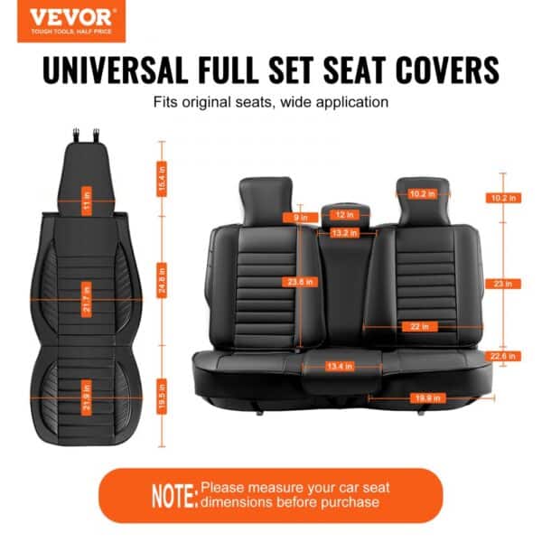 VEVOR car seat covers - universal full set, dimensions shown, fits original seats, wide application.