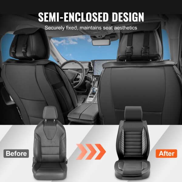 VEVOR car seat covers semi-enclosed design, securely fixed, before and after comparison inside a car.