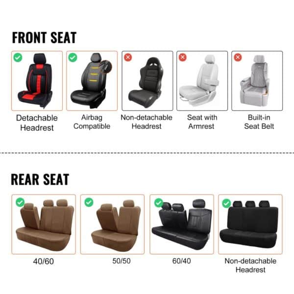 front and rear seat compatibility for VEVOR car seat covers with detachable headrests and various configurations.