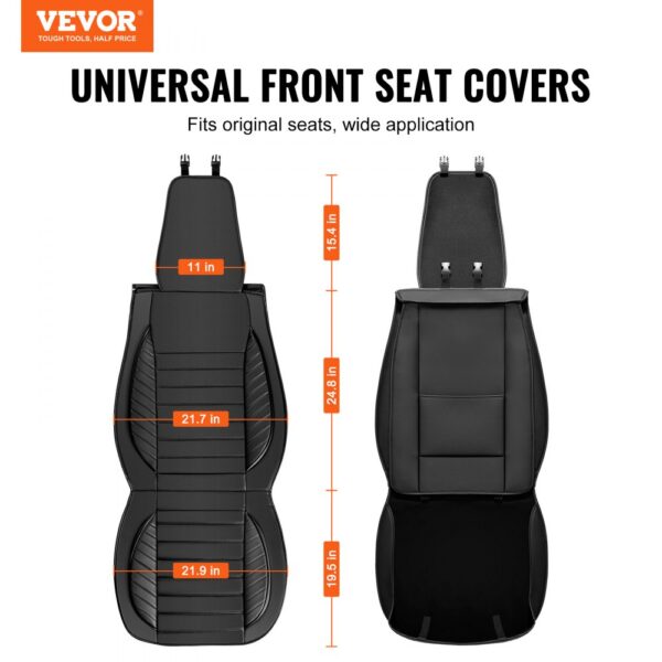 VEVOR seat covers, universal front design with detailed dimensions for optimal fit and wide application.