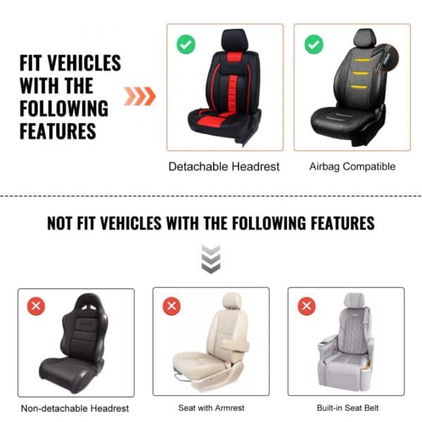 compatible vehicles: detachable headrest, airbag-equipped. armrest, built-in seat belt. VEVOR seat covers.