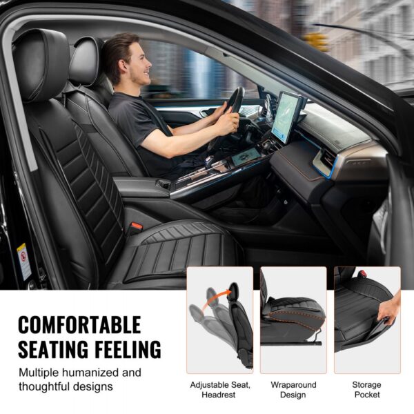 VEVOR seat covers in a car interior with adjustable seat, headrest, wraparound design, and storage pocket.