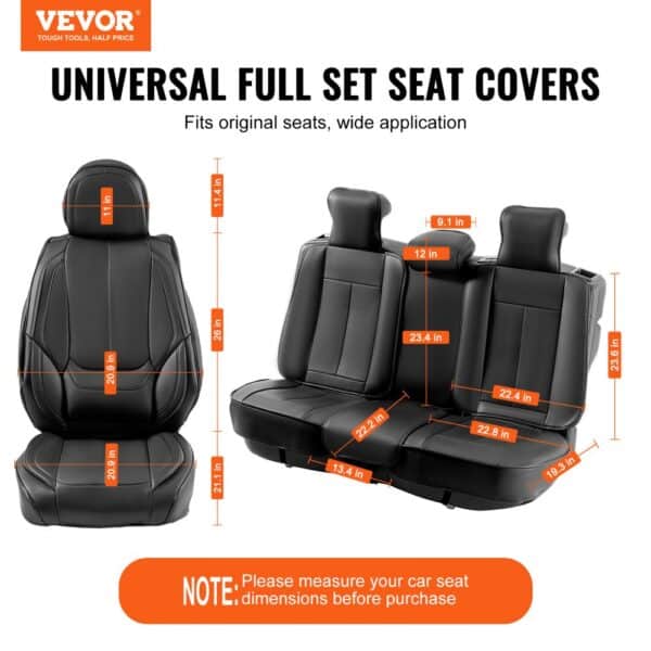 VEVOR car seat covers, universal full set with dimensions for front and rear seats, black color.