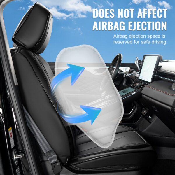 black car seat with VEVOR car seat covers showing airbag ejection space, interior view against the sky.