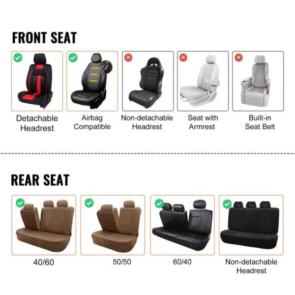 front and rear seat types for VEVOR car seat covers, including detachable headrest and airbag compatibility.