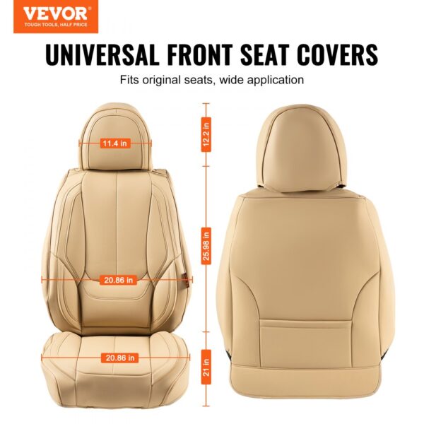 VEVOR universal front seat covers in beige, showing dimensions for headrest, seat, and backrest.