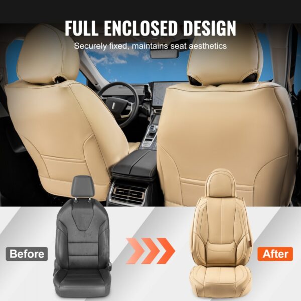 tan car seats with VEVOR seat covers, before-and-after comparison of sleek seat design and protection.