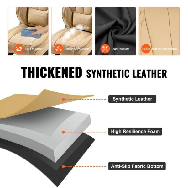 VEVOR seat covers feature thickened synthetic leather, high resilience foam, and anti-slip fabric bottom.