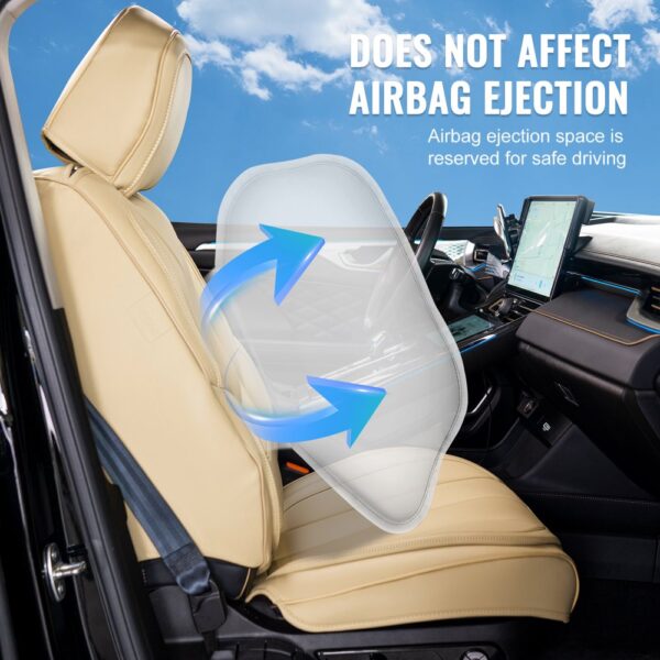 VEVOR seat covers ensuring airbag ejection with beige car seat and blue arrows showing safety design.