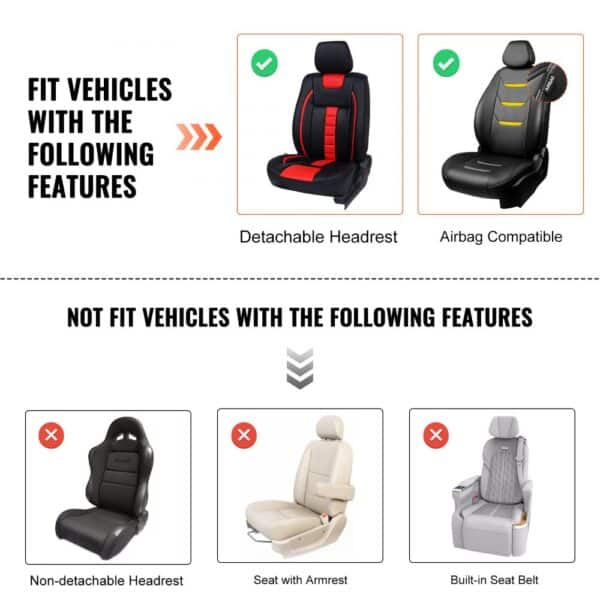 VEVOR seat covers fit vehicles with detachable headrests and airbag compatibility. not for fixed headrests, armrests, built-in seat belts.