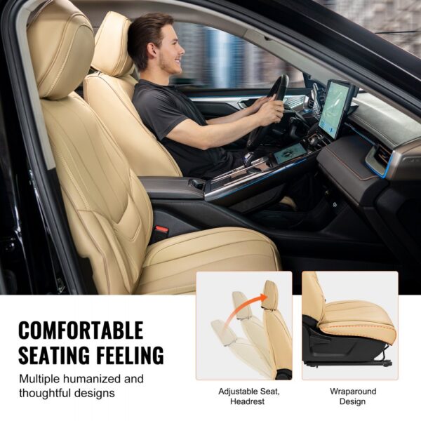 beige VEVOR seat covers in car interior with adjustable seat and headrest, wraparound design for comfort.